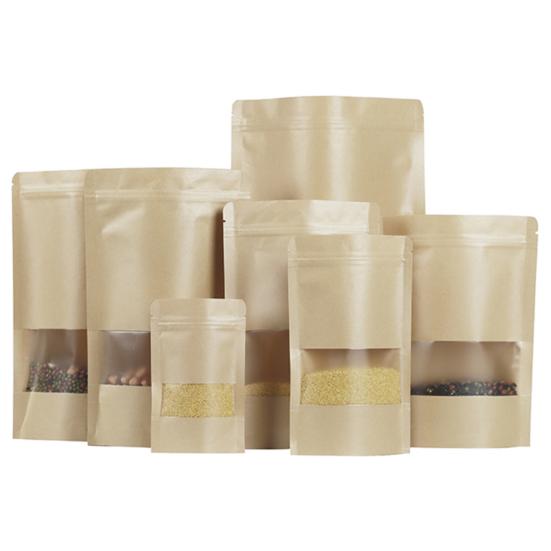 MX-001 100Pcs 20x30cm+5cm 28C Kraft Paper Bags with Window Stand-Up Ziplock Storage Pouch