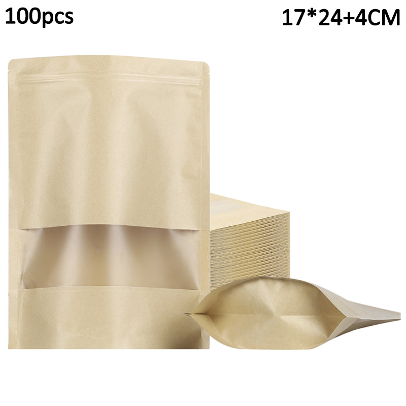 MX-001 100Pcs 17x24cm+4cm Kraft Paper Storage Bags Resealable Zipper Pouches with Clear Window (BPA-free, No FDA Certification)