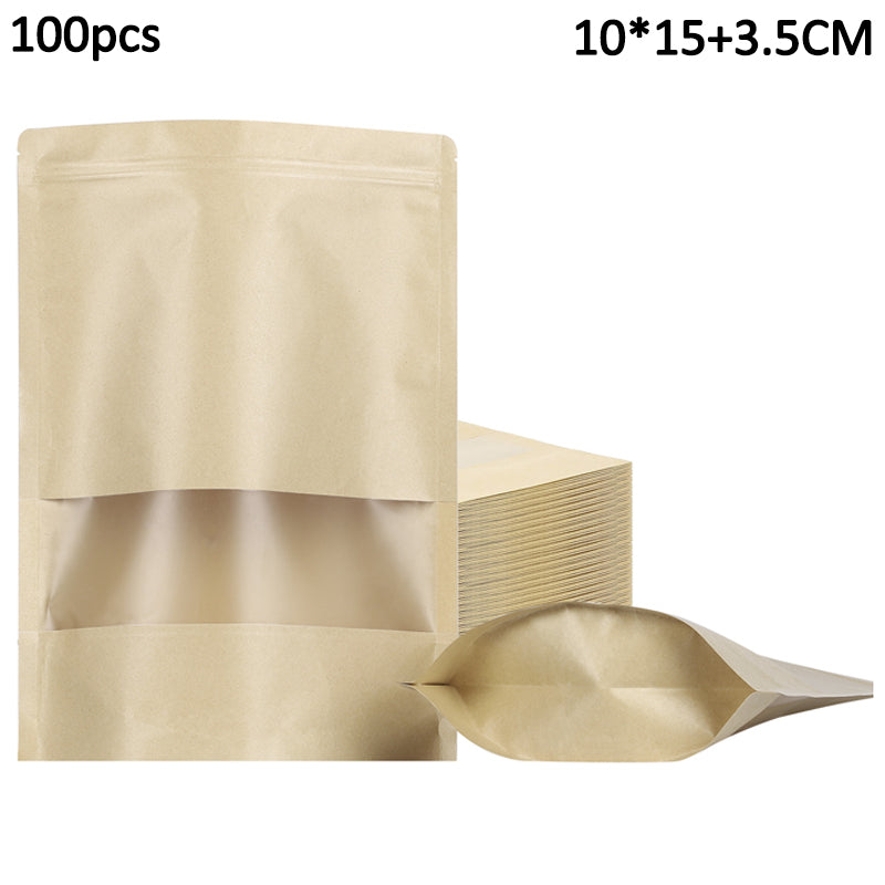 MX-001 100Pcs 10x15cm+3.5cm Kraft Paper Bags 28C Zipper Seal Stand Up Pouches with Clear Window (BPA-free, No FDA Certification)