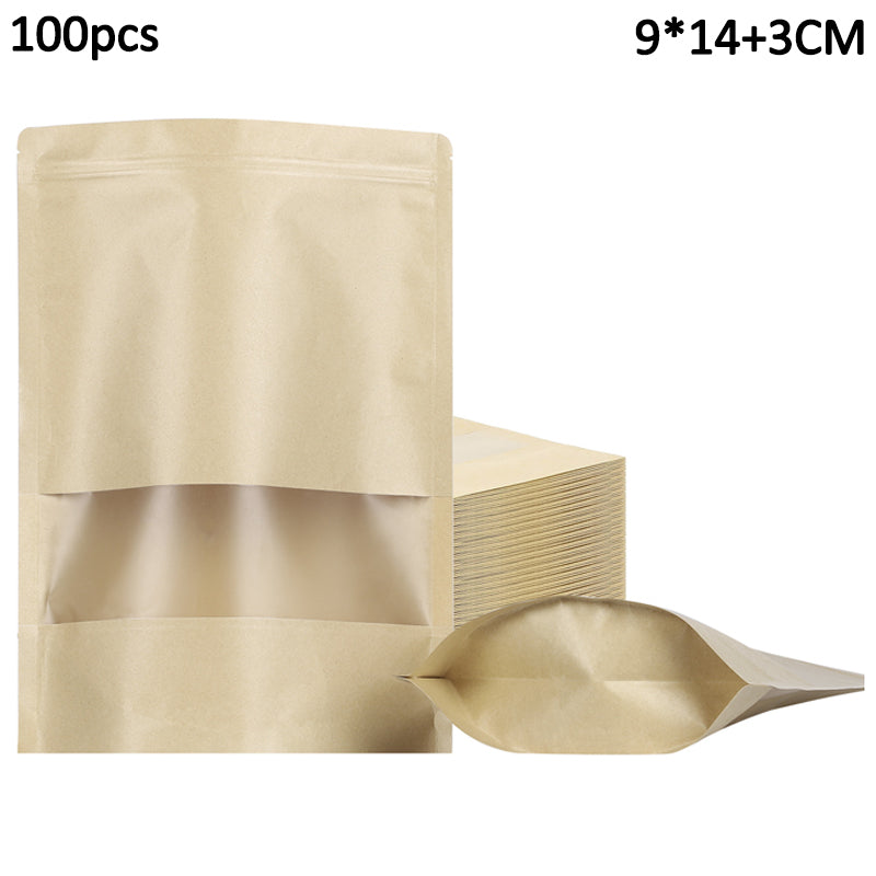 MX-001 100Pcs 9x14cm+3cm 28C Kraft Paper Food Bags Stand-Up Ziplock Storage Bag with Clear Window