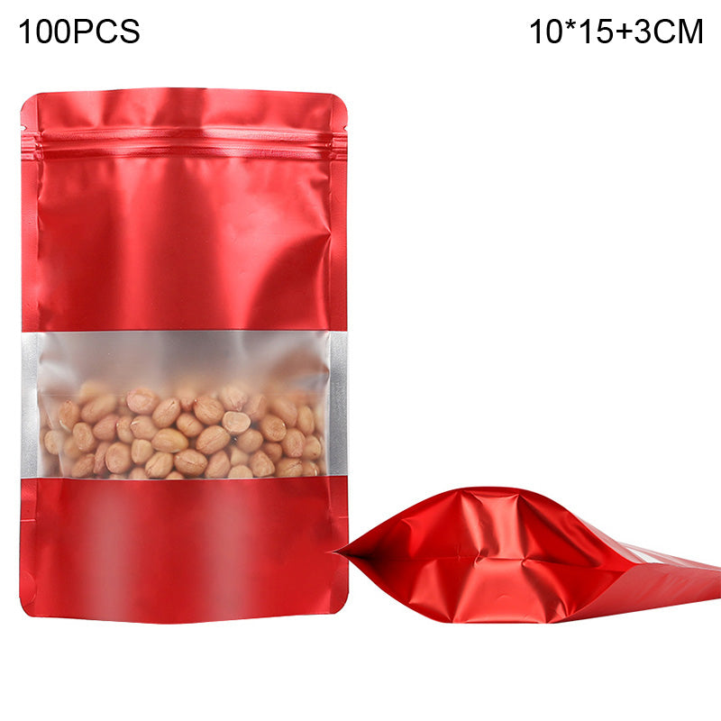 MX-104 100Pcs 10x15cm+3cm 20C Clear Window Food Bags Color Stand-Up Ziplock Storage Bag - Red