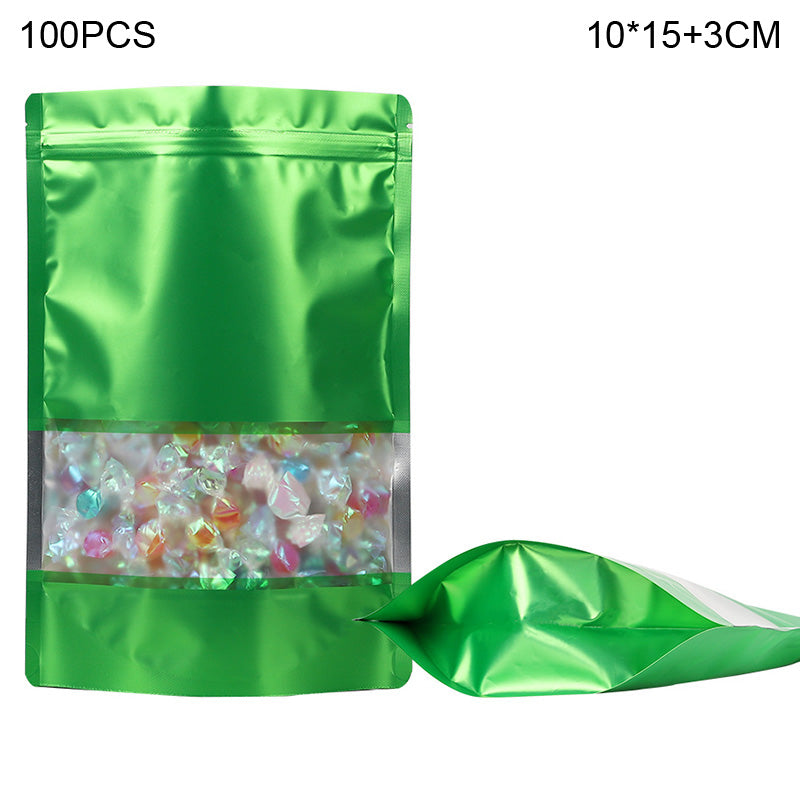 MX-104 100Pcs 10x15cm+3cm 20C Clear Window Food Bags Color Stand-Up Ziplock Storage Bag - Green