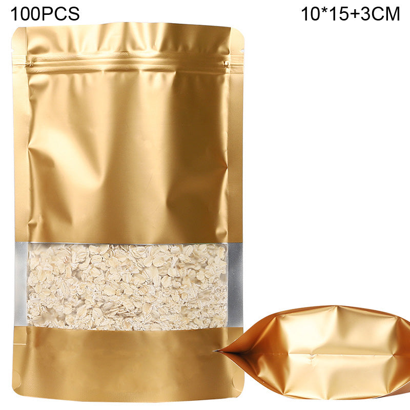 MX-104 100Pcs 10x15cm+3cm 20C Clear Window Food Bags Color Stand-Up Ziplock Storage Bag - Gold