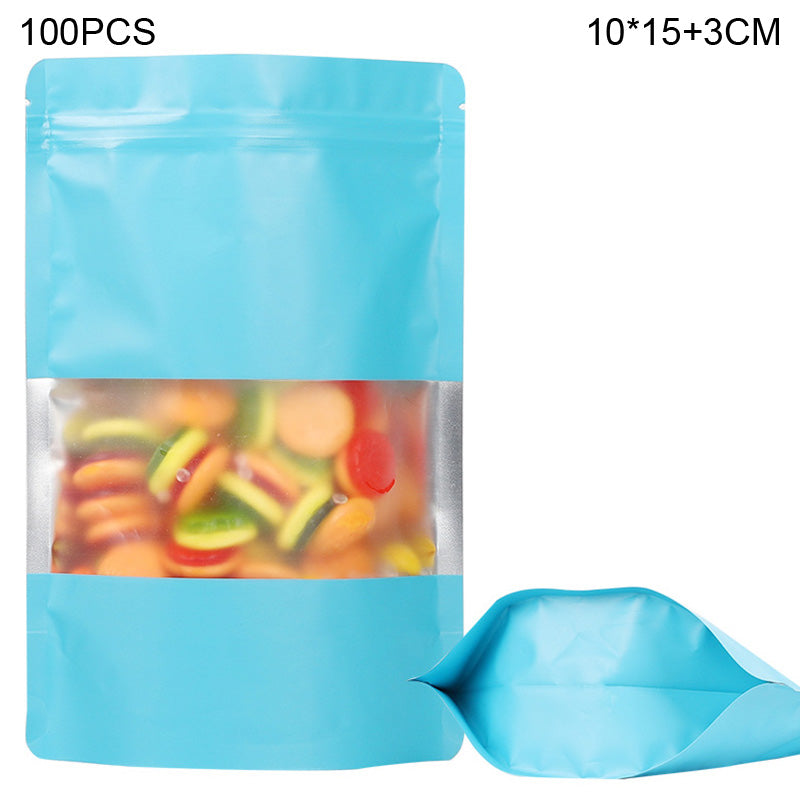 MX-104 100Pcs 10x15cm+3cm 20C Clear Window Food Bags Color Stand-Up Ziplock Storage Bag - Blue