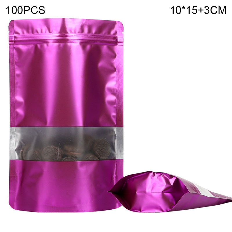 MX-104 100Pcs 10x15cm+3cm 20C Clear Window Food Bags Color Stand-Up Ziplock Storage Bag - Purple