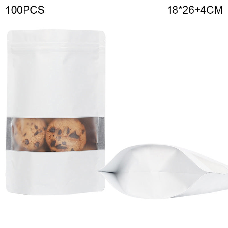 MX-104 100Pcs 18x26cm+4cm Ziplock Food Bags Color Stand-Up 20C Storage Bag with Clear Window - White