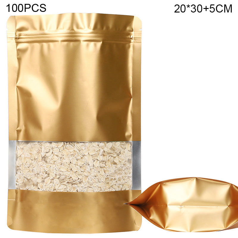 MX-104 100Pcs 20x30cm+5cm Food Stand-Up Bags with Clear Window Colorful 20C Self-Sealing Storage Bag - Gold