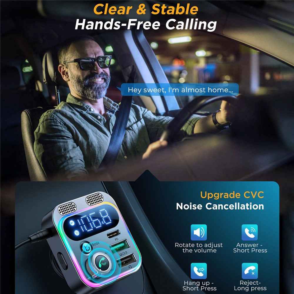 JOYROOM JR-CL16 48W Car Fast Charger Adapter Wireless BT FM Transmitter Support Hands-Free Calling QC3.0+PD Car Charger with LED Display / Dual Mics