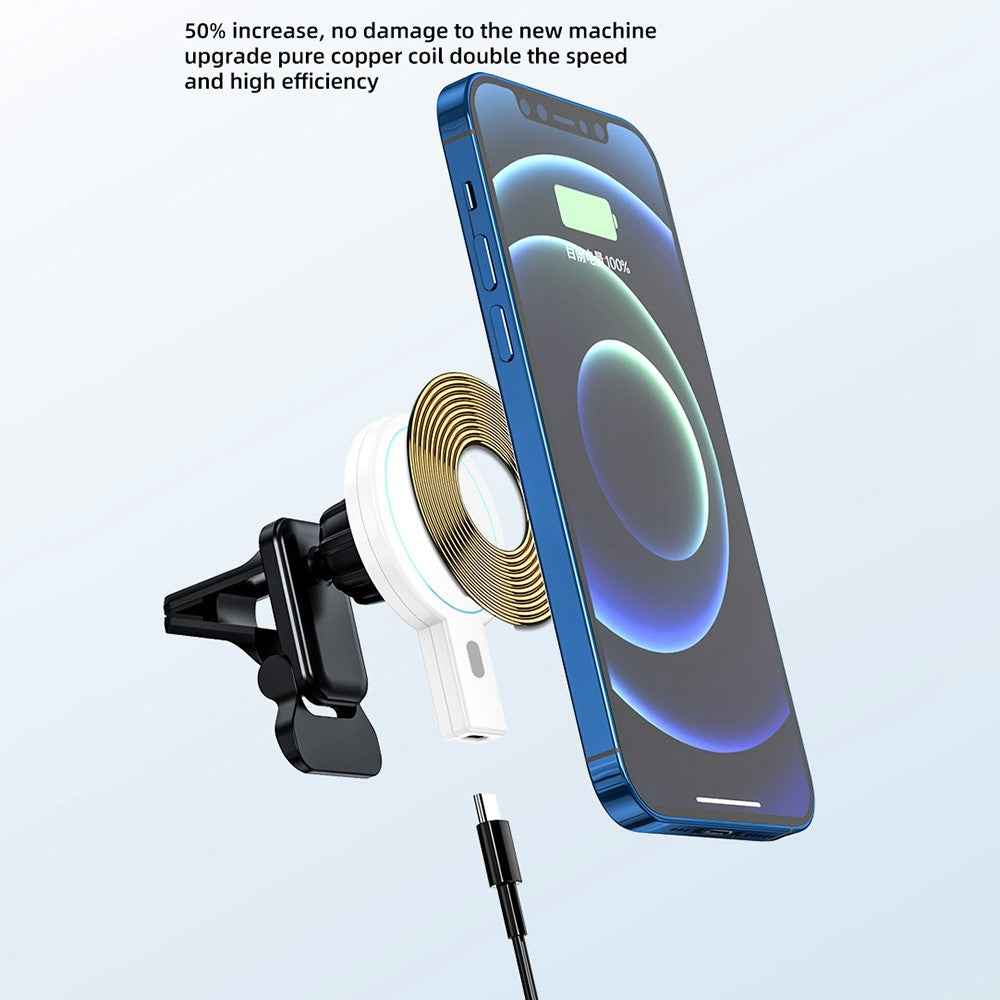 JJT-973 Air Outlet Clip Portable 15W Fast Charging Car Magnetic Wireless Charger - White