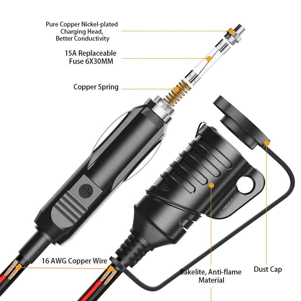 TR-29 3.6m 12V / 24V Car Cigarette Lighter Extension Cord Male Plug to Female Socket 16AWG Extender Cable with 15A Fuse