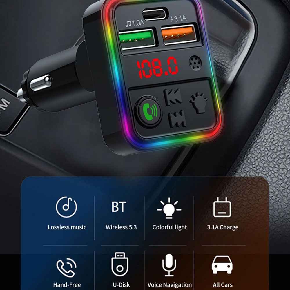 P18 Cigarette Lighter Bluetooth-compatible Car MP3 Music Player Hands-Free Calling Car Audio Device with 2USB, Type-C Port