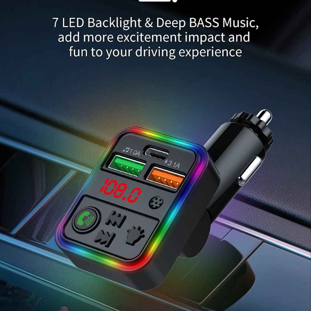 P18 Cigarette Lighter Bluetooth-compatible Car MP3 Music Player Hands-Free Calling Car Audio Device with 2USB, Type-C Port