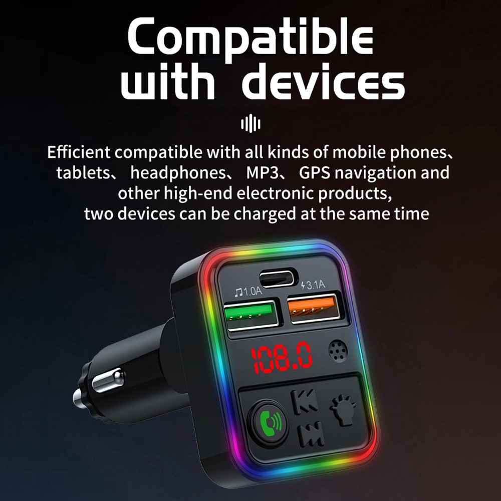 P18 Cigarette Lighter Bluetooth-compatible Car MP3 Music Player Hands-Free Calling Car Audio Device with 2USB, Type-C Port