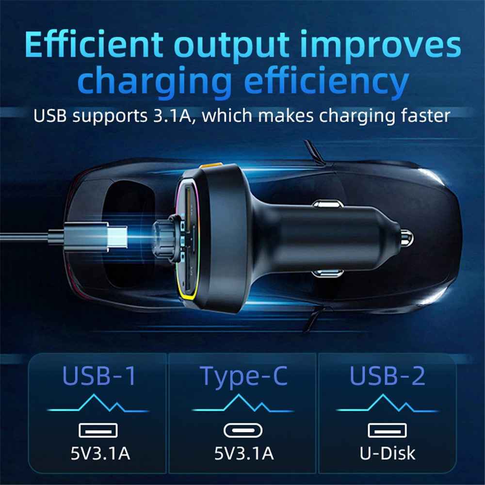 C6 Digital Display FM Car Bluetooth-compatible Transmitter Type-C+2 USB Fast Charger Audio MP3 Player