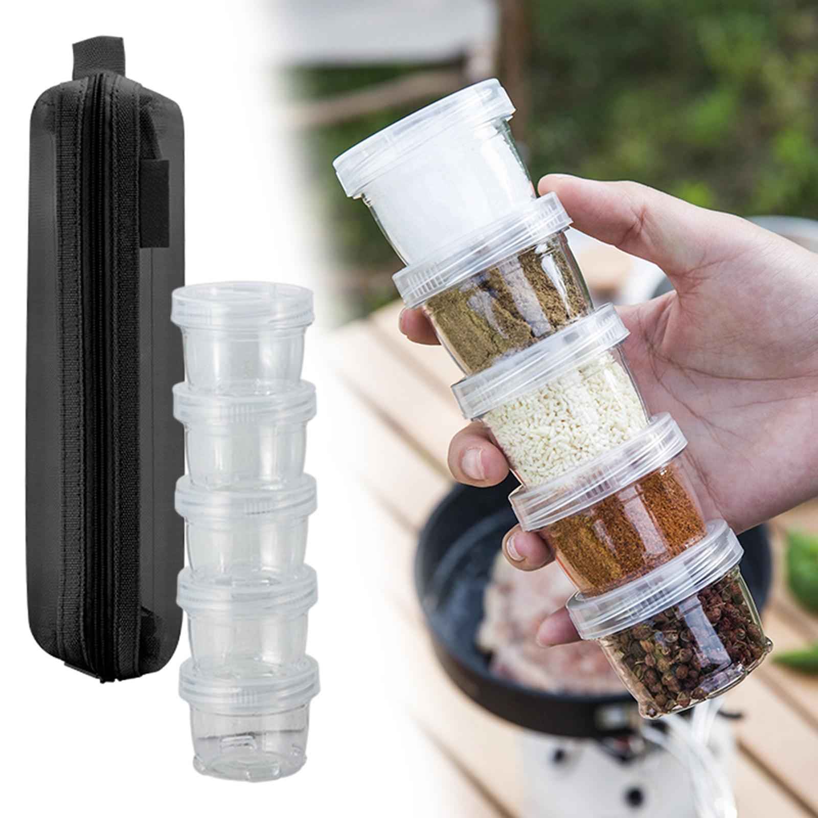 5 Pieces Camping Seasoning Box Clear Spice Bottle Set Stackable Spice Holder black