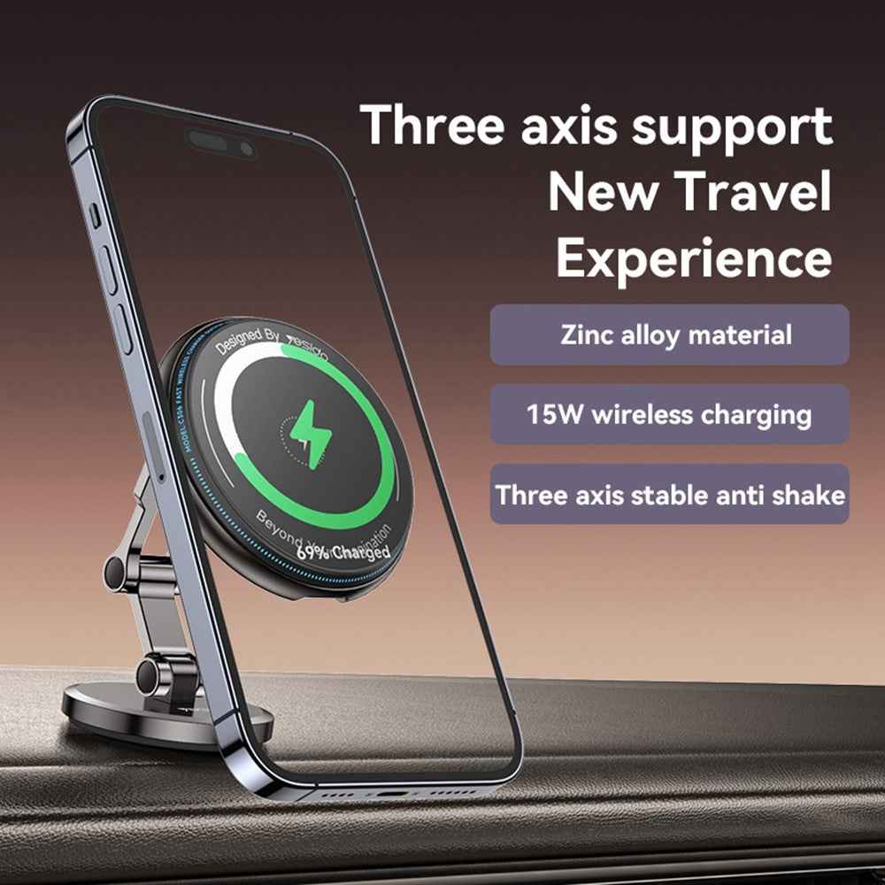 YESIDO C306 15W Magnetic Phone Wireless Charger Zinc Alloy Car Dashboard Phone Charging Stand