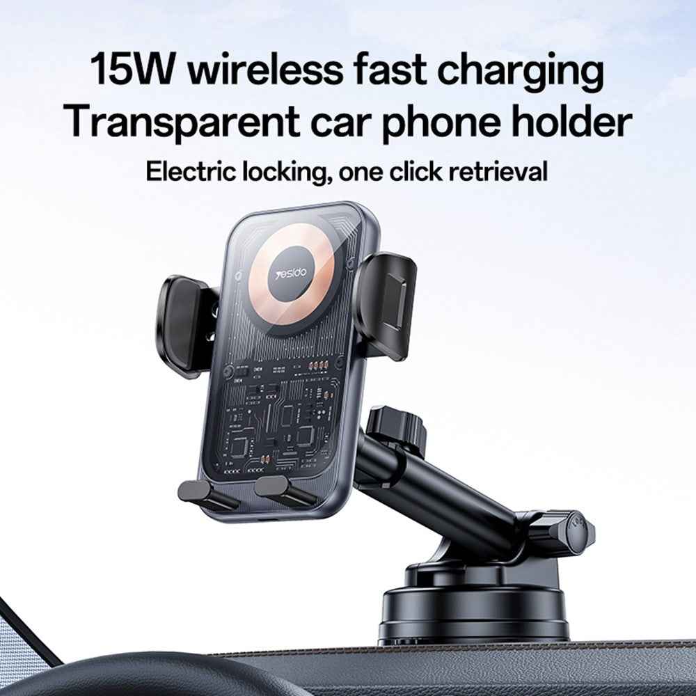 YESIDO C307 Phone Holder Stand 15W Wireless Charger Car Dashboard Suction Cup Bracket Auto Clamping