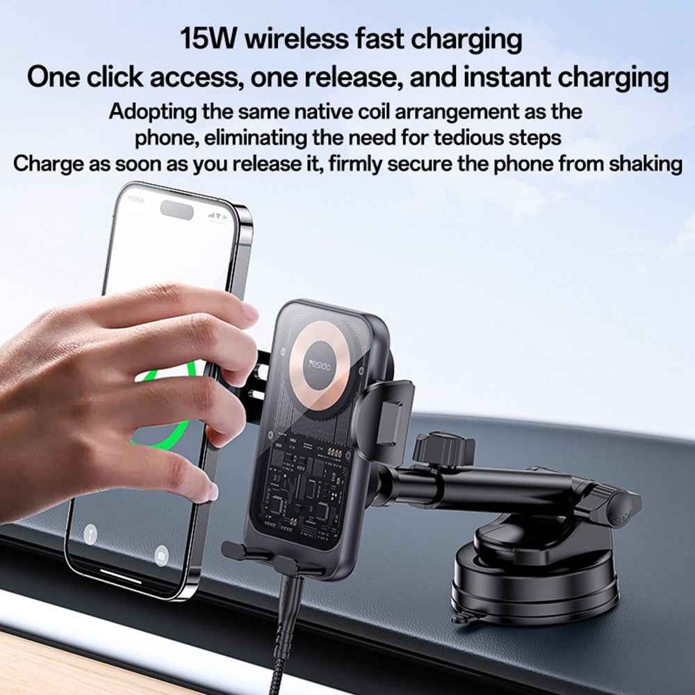 YESIDO C307 Phone Holder Stand 15W Wireless Charger Car Dashboard Suction Cup Bracket Auto Clamping