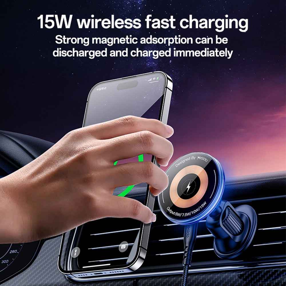 YESIDO C308 Round Phone Magnetic Holder Stand 15W Wireless Charger Car Air Outlet Bracket