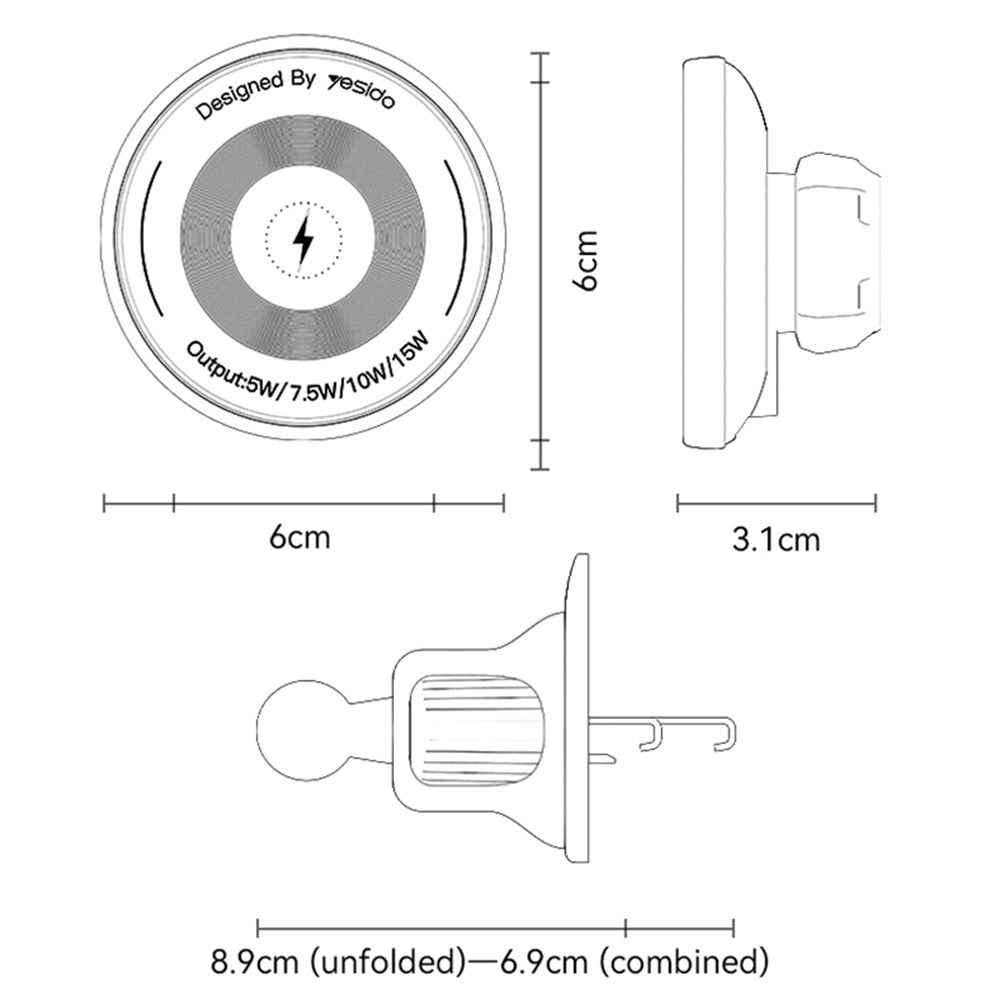 YESIDO C308 Round Phone Magnetic Holder Stand 15W Wireless Charger Car Air Outlet Bracket