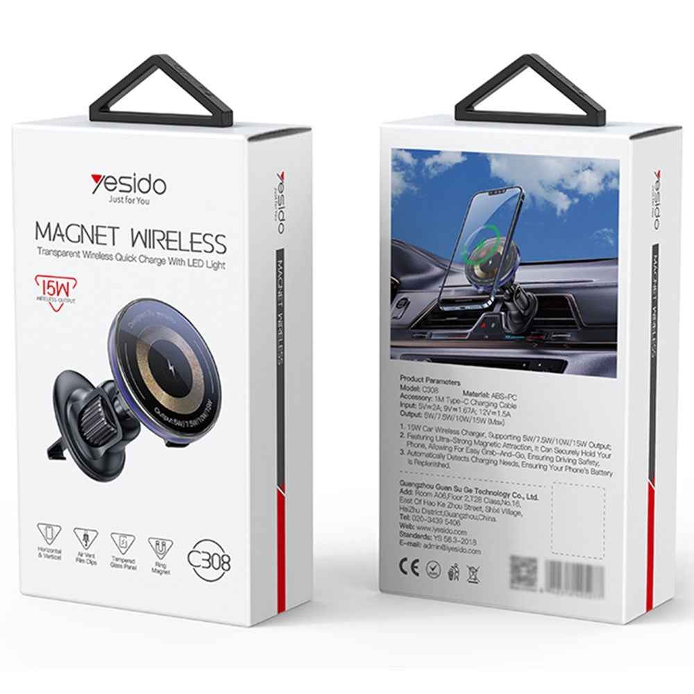 YESIDO C308 Round Phone Magnetic Holder Stand 15W Wireless Charger Car Air Outlet Bracket