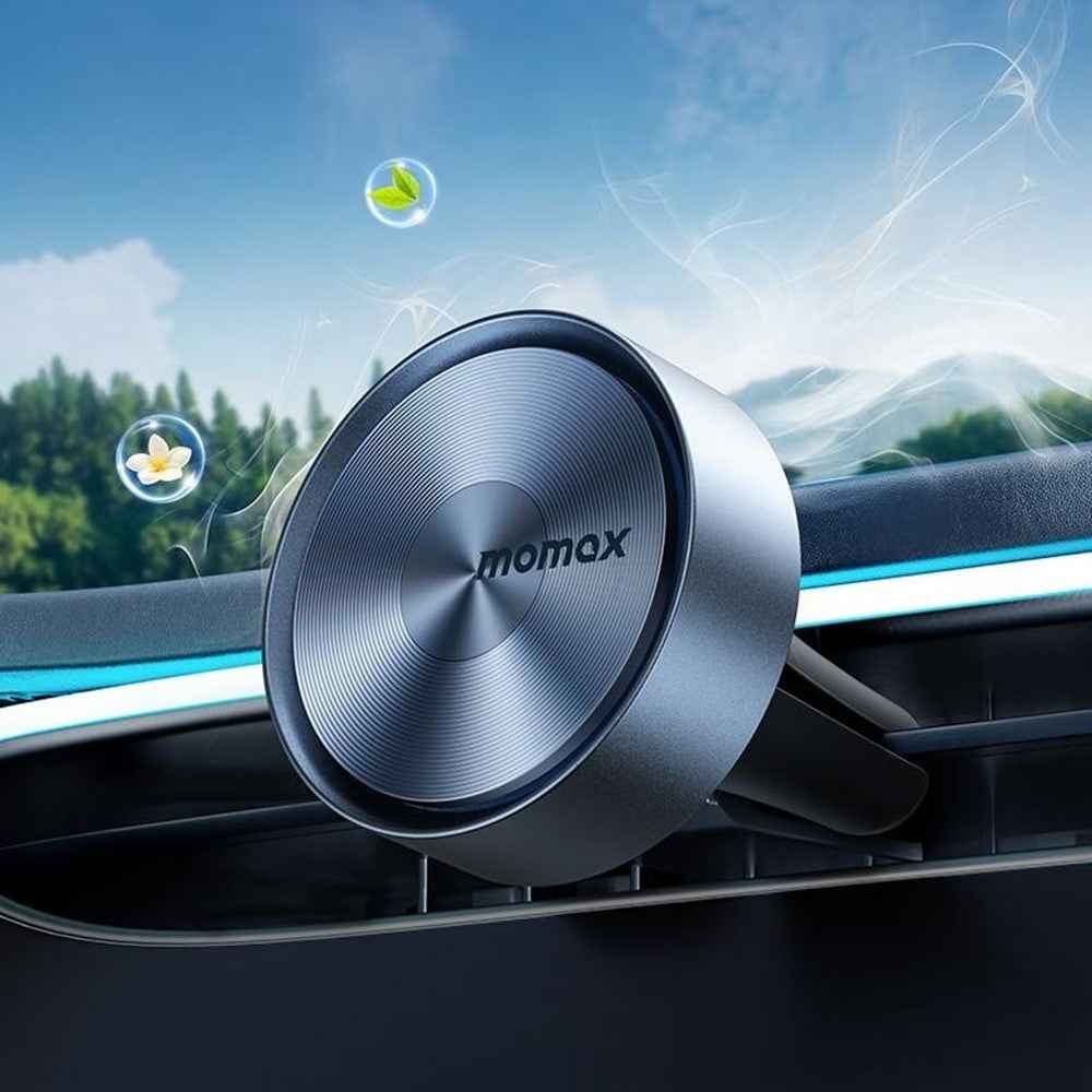 MOMAX 1-Car Relaxaire Car Air Vent Freshener Aluminum Alloy Aromatherapy Diffuser with 4 Fragrance Pads - Titanium Gold