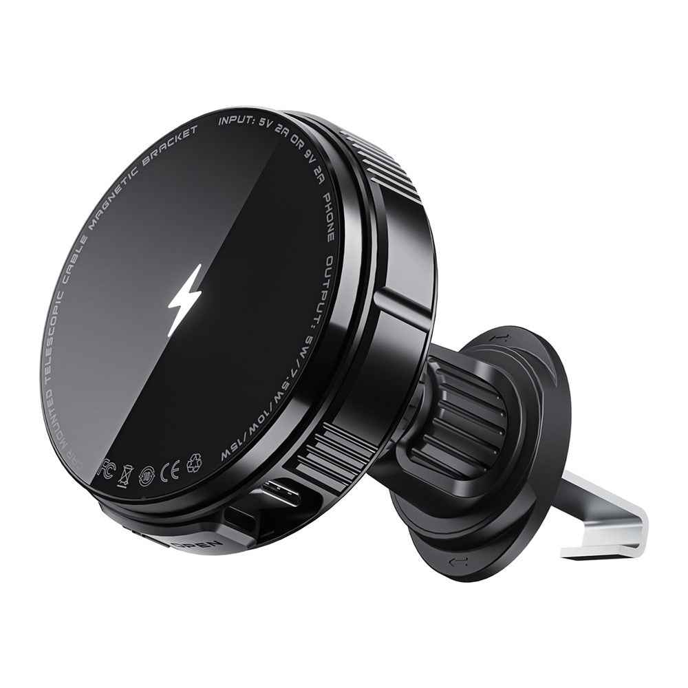 X02 15W Car Air Vent Mount Magnetic Phone Holder Wireless Charger with Retractable Type C Cable - Black