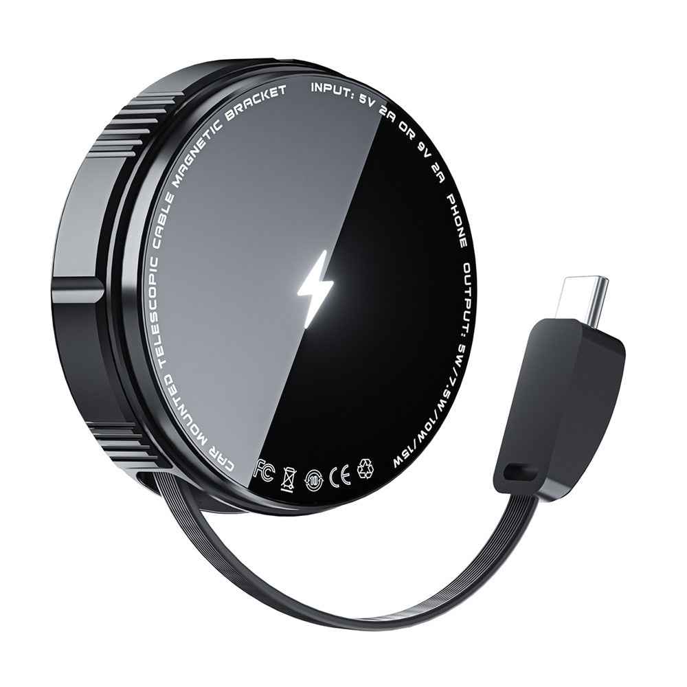 X02 15W Car Air Vent Mount Magnetic Phone Holder Wireless Charger with Retractable Type C Cable - Black