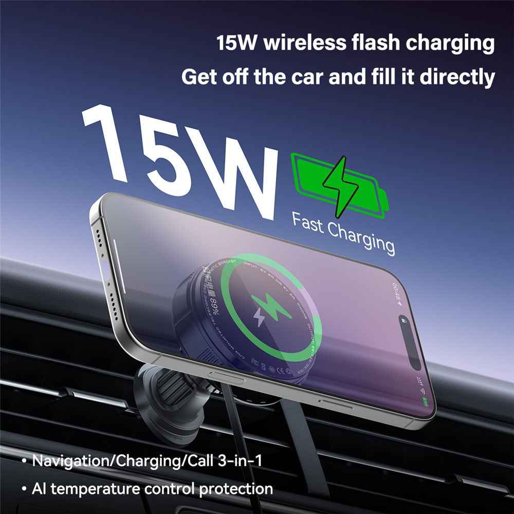 X02 15W Car Air Vent Mount Magnetic Phone Holder Wireless Charger with Retractable Type C Cable - Black