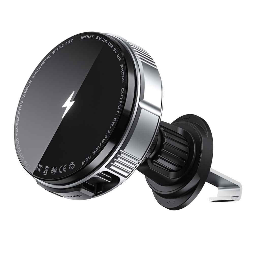 X02 15W Car Air Vent Mount Magnetic Phone Holder Wireless Charger with Retractable Type C Cable - Silver
