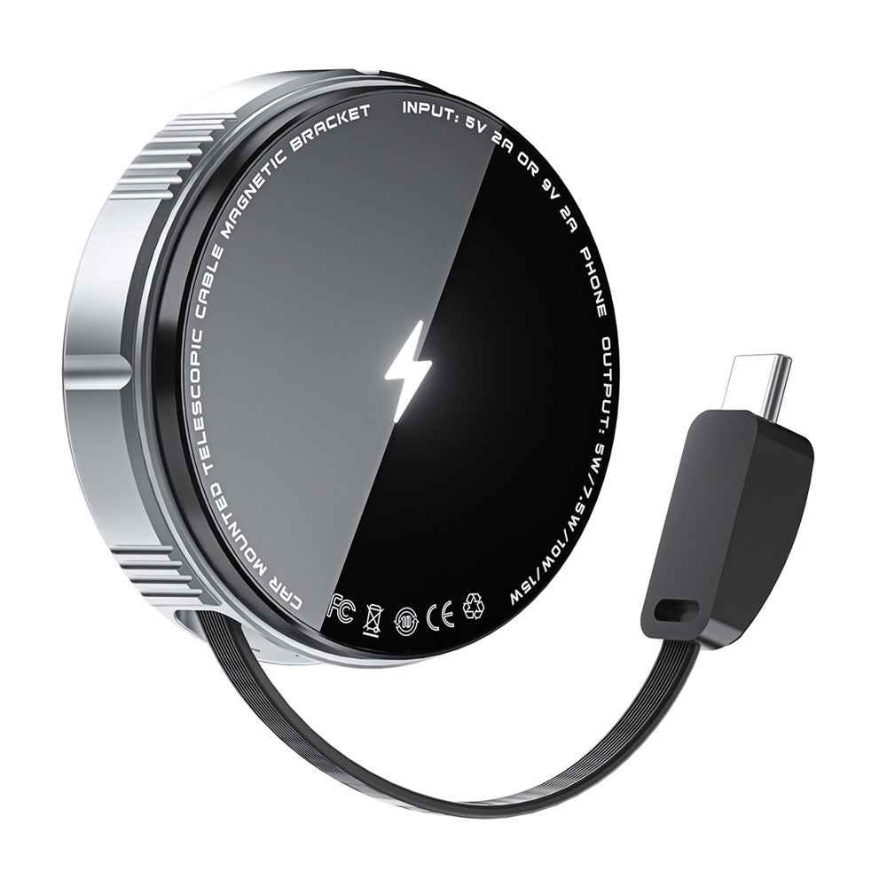 X02 15W Car Air Vent Mount Magnetic Phone Holder Wireless Charger with Retractable Type C Cable - Silver