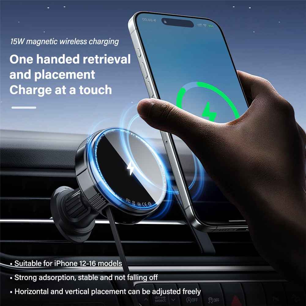 X02 15W Car Air Vent Mount Magnetic Phone Holder Wireless Charger with Retractable Type C Cable - Silver