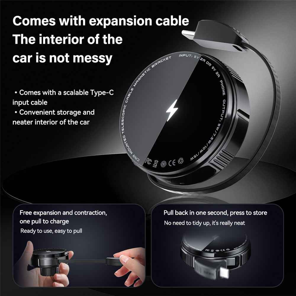X02 15W Car Air Vent Mount Magnetic Phone Holder Wireless Charger with Retractable Type C Cable - Silver
