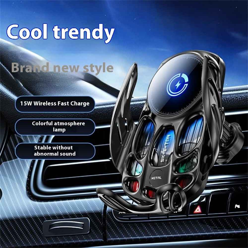 SD02 15W Universal Car Phone Holder Mount Hollow Design Wireless Charging Stand with Ambient Light - Black