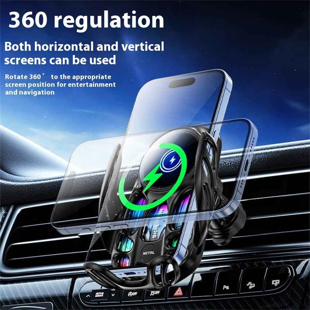 SD02 15W Universal Car Phone Holder Mount Hollow Design Wireless Charging Stand with Ambient Light - Black
