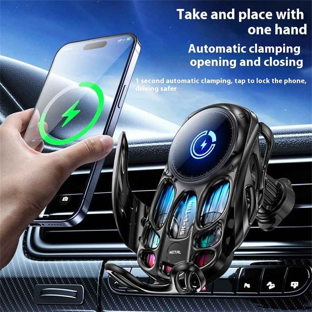 SD02 15W Universal Car Phone Holder Mount Hollow Design Wireless Charging Stand with Ambient Light - Silver