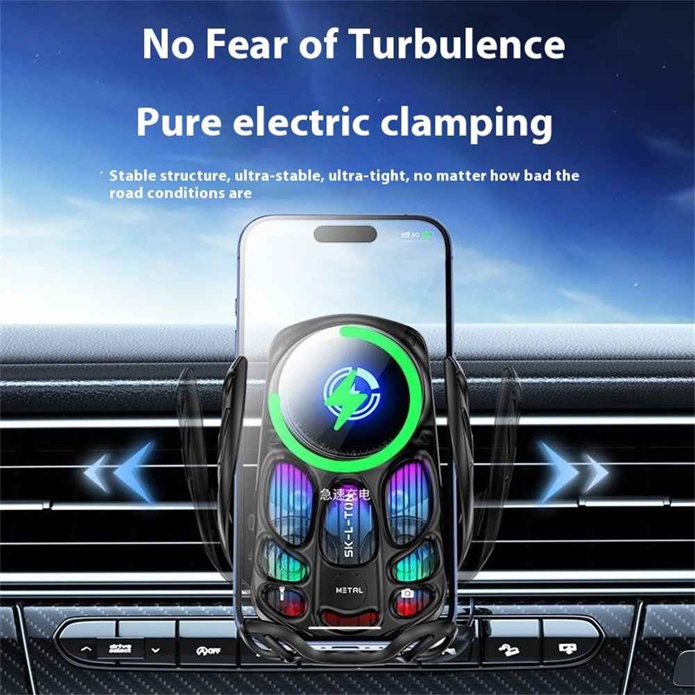 SD02 15W Universal Car Phone Holder Mount Hollow Design Wireless Charging Stand with Ambient Light - Silver