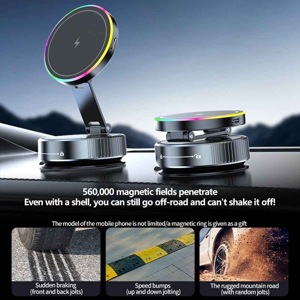 K3 Rotating Magnetic Car Phone Holder Wireless Charging Vacuum Sucker Desktop Stand with Colorful Light