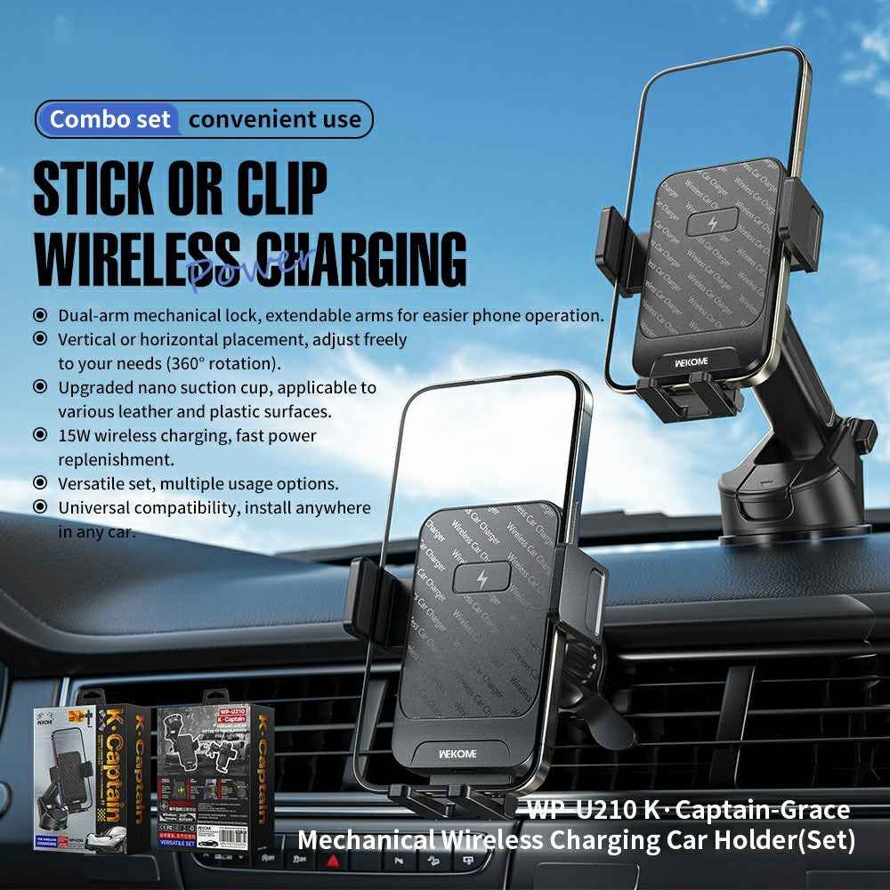WEKOME WP-U210 for 4.7 - 7.2 Inch Devices Car Mount Wireless Charger 15W Fast Charging 360° Rotation Stand
