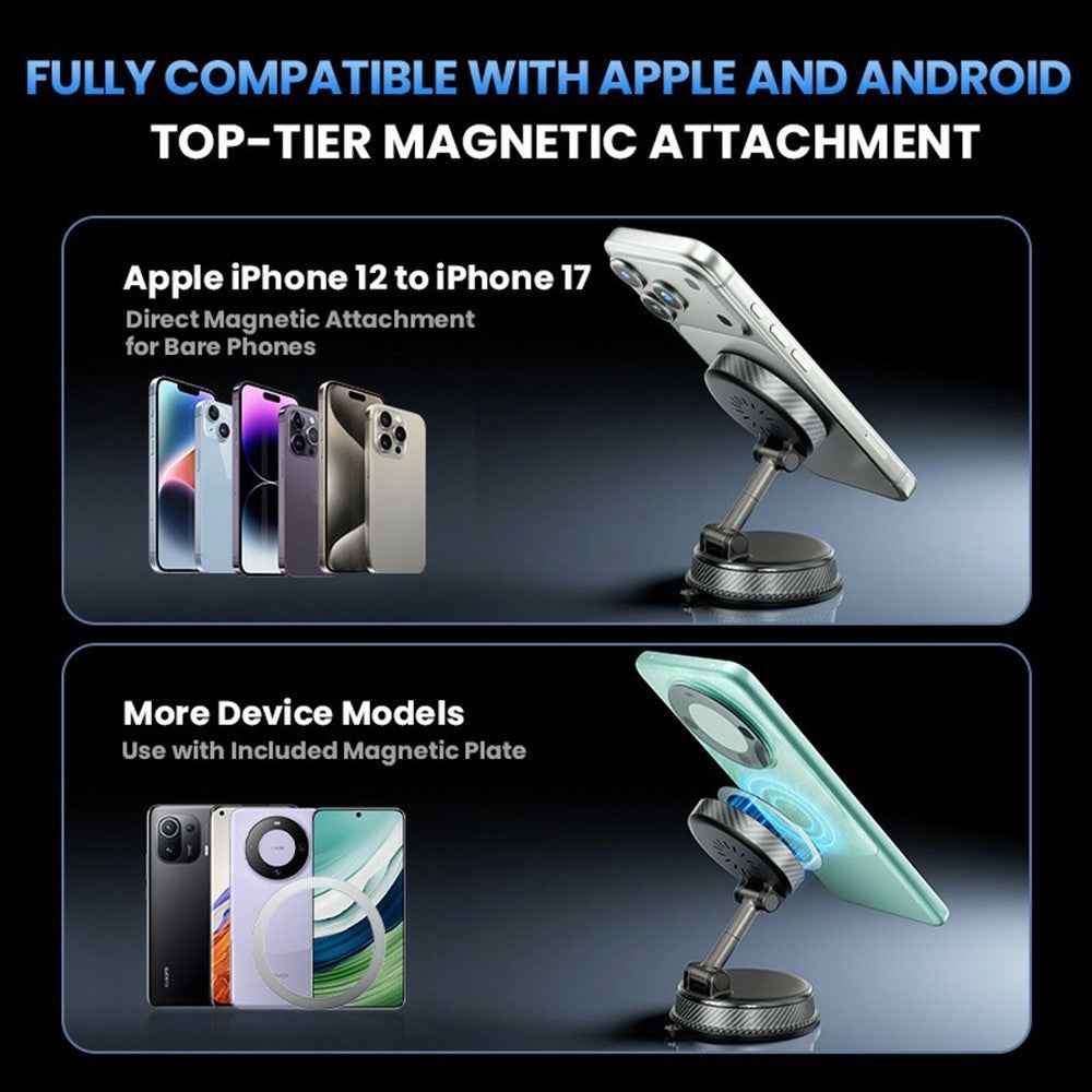 HONNOBE A14 Magnetic Wireless Charging Phone Mount Vacuum Suction 15W Fast Charger Phone Stand For Dashboard Windshield - Black