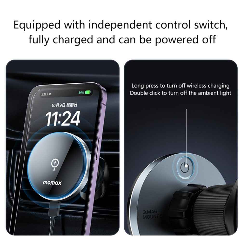 MOMAX Q.MAG MOUNT 5 CM25A Magnetic Wireless Car Charger Mount Air Vent Phone Charger Holder (15W Dark Grey)