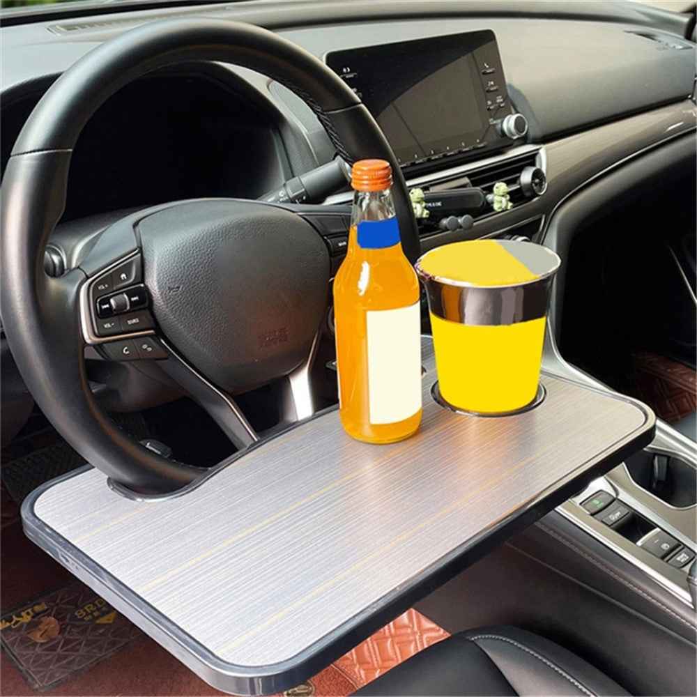 Steering Wheel ABS Desk Laptop Tablet Food Eating Vehicle Table Car Steering Wheel Tray - Black+Wood Texture