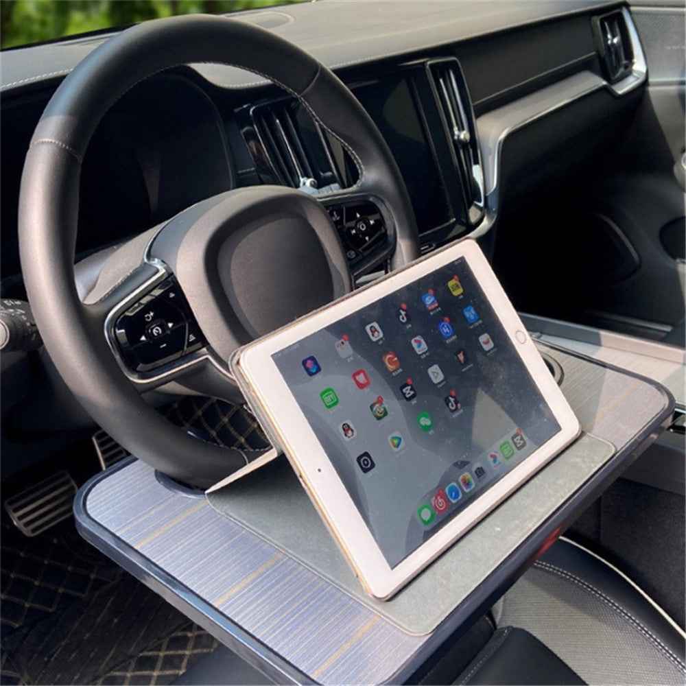 Steering Wheel ABS Desk Laptop Tablet Food Eating Vehicle Table Car Steering Wheel Tray - Black+Wood Texture