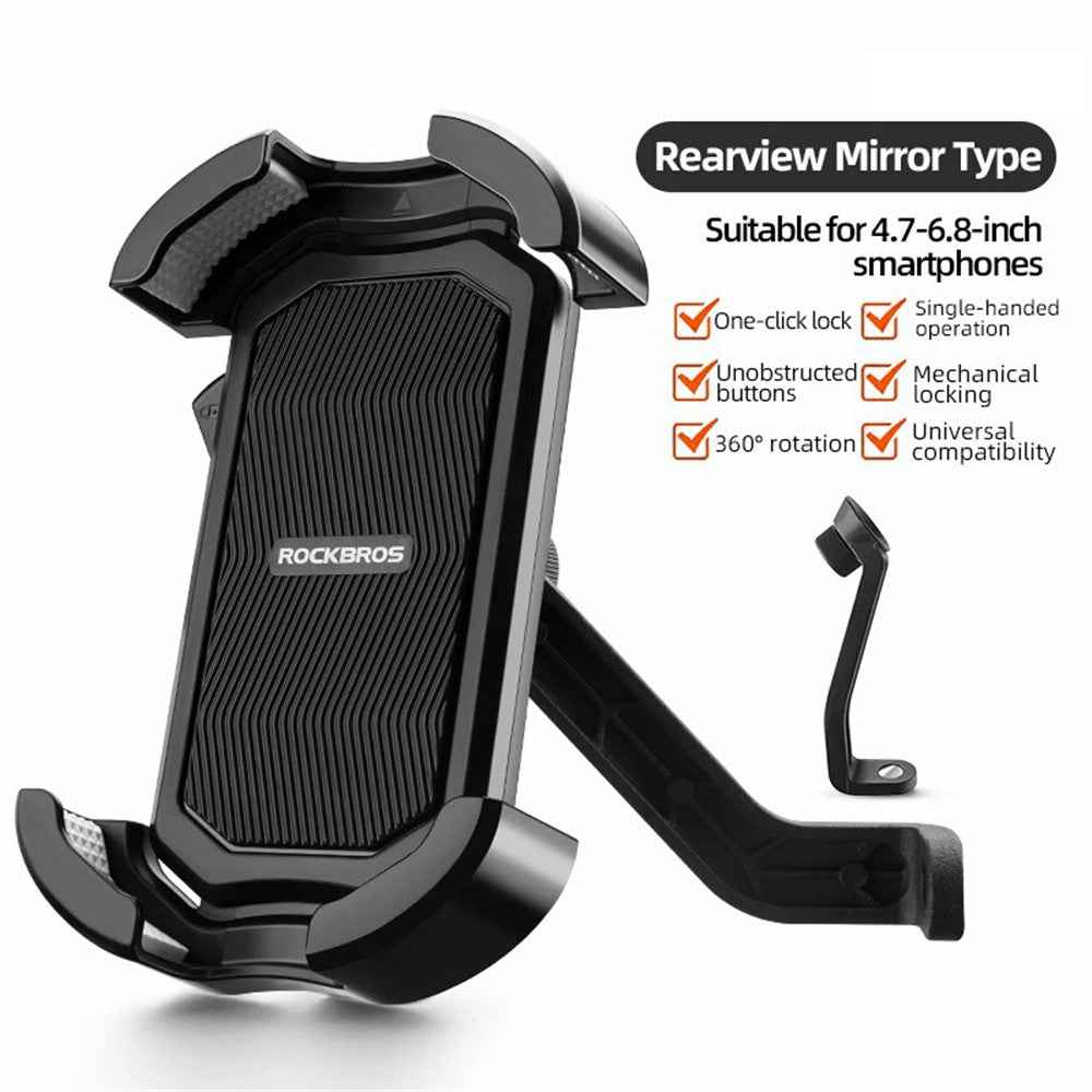 ROCKBROS HW-128 Bicycle E-Bike Phone Mount Bracket Shockproof Motorcycle Cell Phone Holder - Black / Rearview Mirror