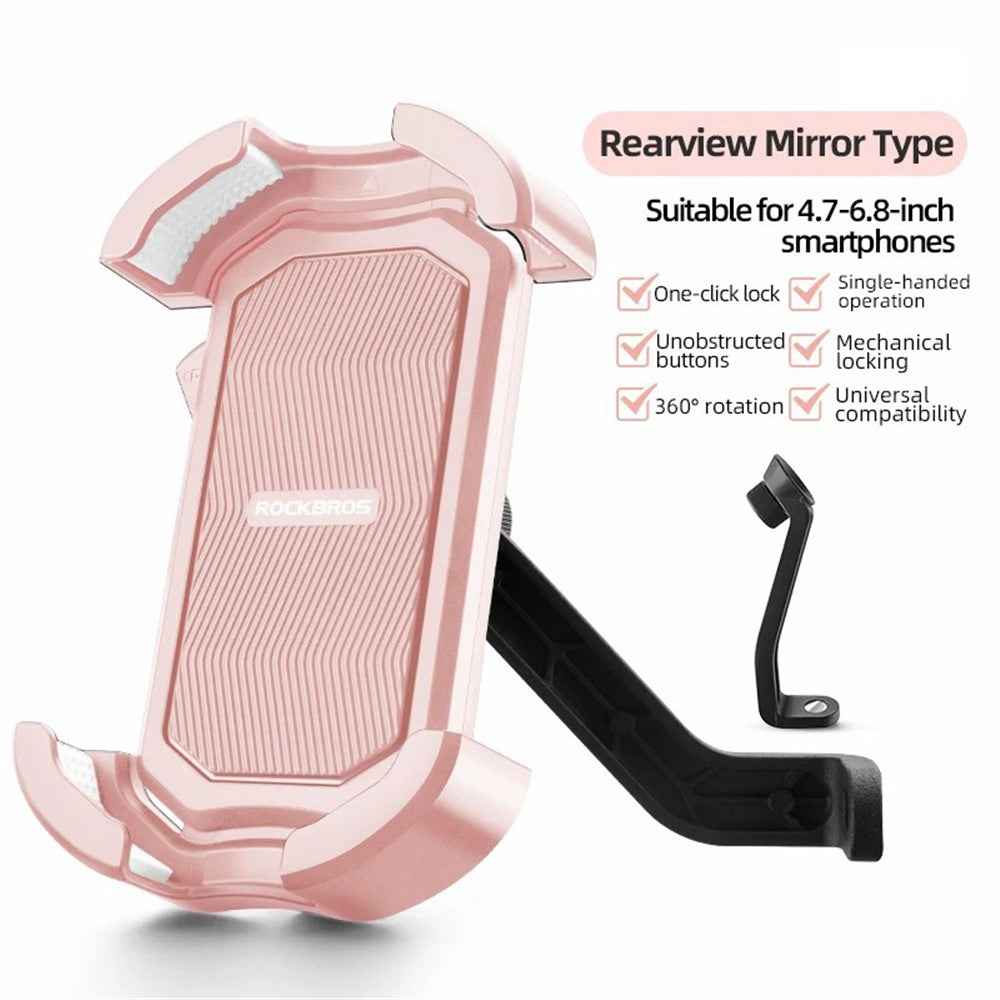 ROCKBROS HW-128 Bicycle E-Bike Phone Mount Bracket Shockproof Motorcycle Cell Phone Holder - Pink / Rearview Mirror