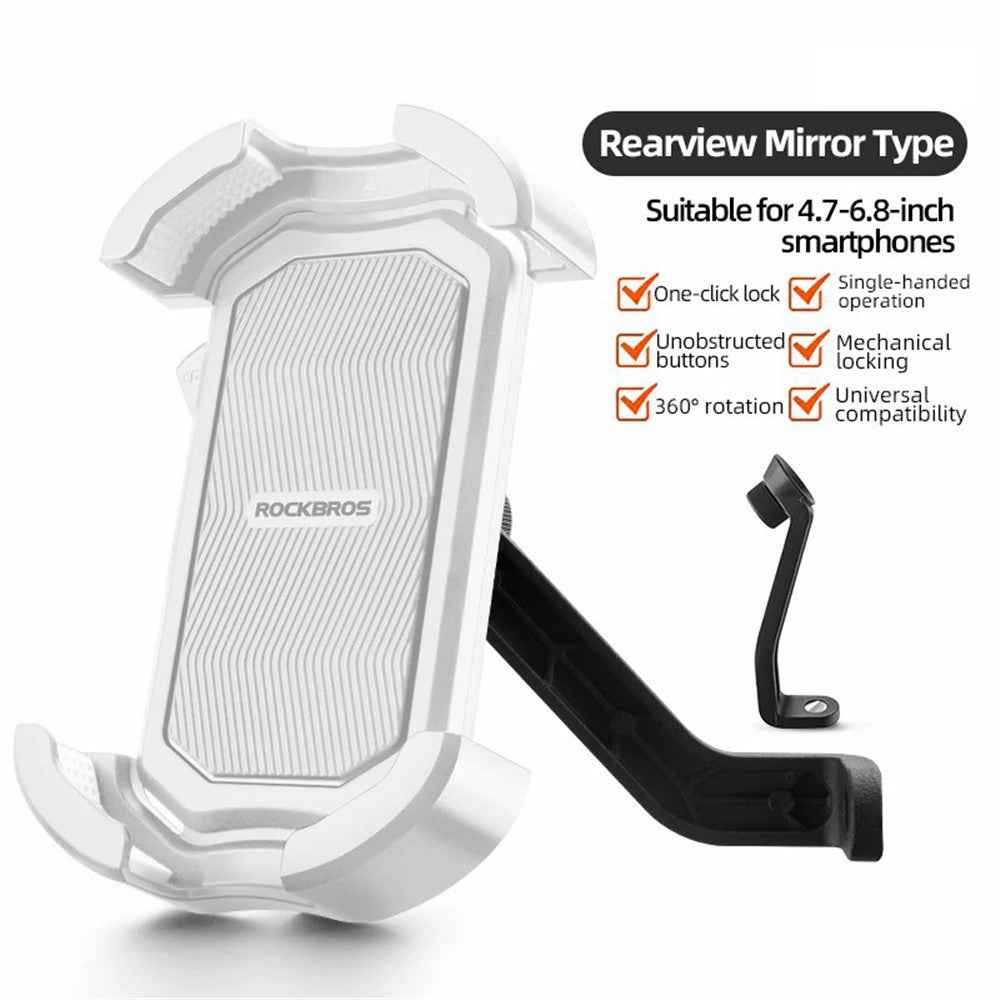 ROCKBROS HW-128 Bicycle E-Bike Phone Mount Bracket Shockproof Motorcycle Cell Phone Holder - White / Rearview Mirror