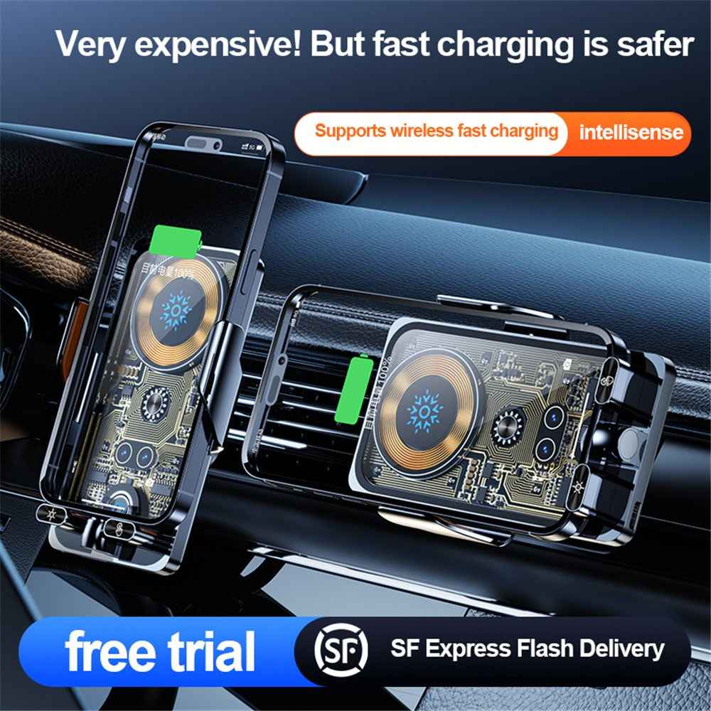 F18 Car Wireless Charger Infrared Sensor Aluminum Alloy+PC Phone Charging Bracket with 2 Magnetic Plugs - Black