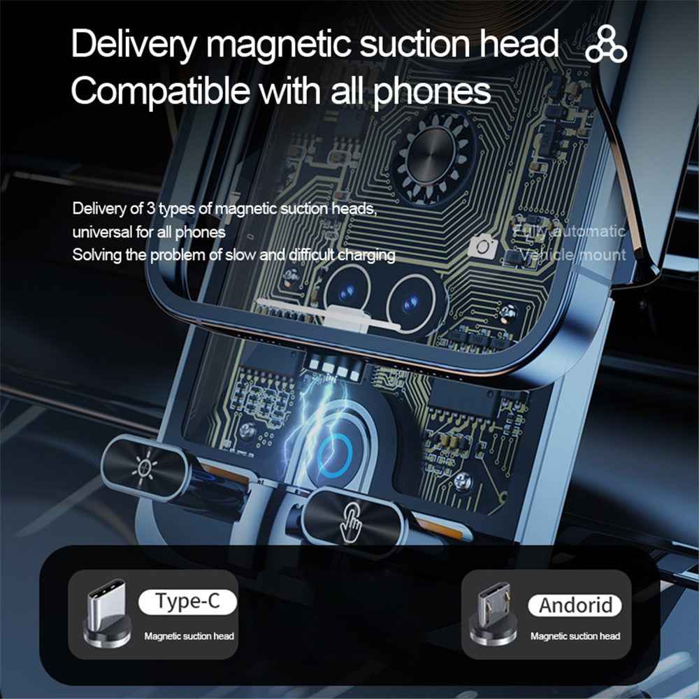 F18 Car Wireless Charger Infrared Sensor Aluminum Alloy+PC Phone Charging Bracket with 2 Magnetic Plugs - Black