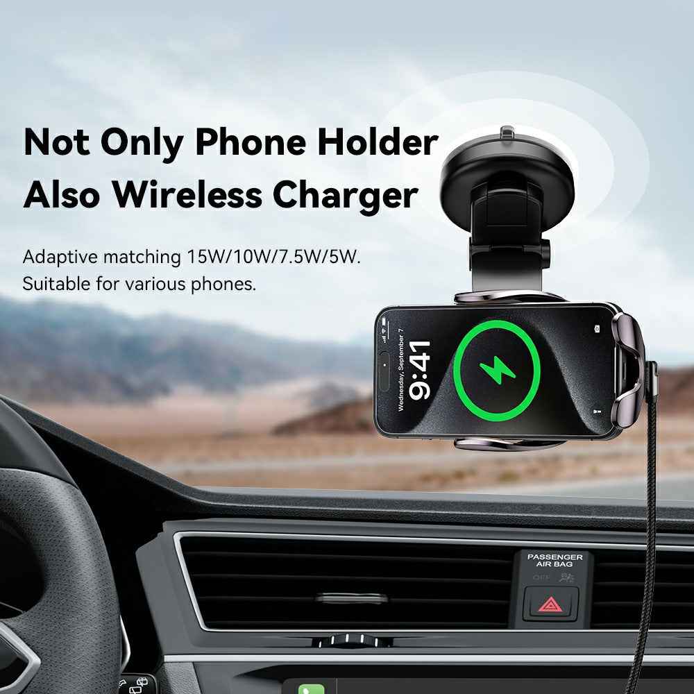 ESSAGER Music Pickup Lighting Car Phone Holder Wireless Charger with Hook+Suction Cup Bottom