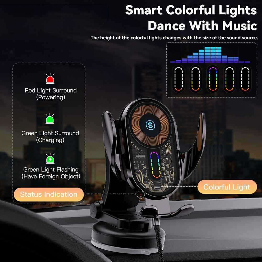 ESSAGER Music Pickup Lighting Car Phone Holder Wireless Charger with Hook+Suction Cup Bottom